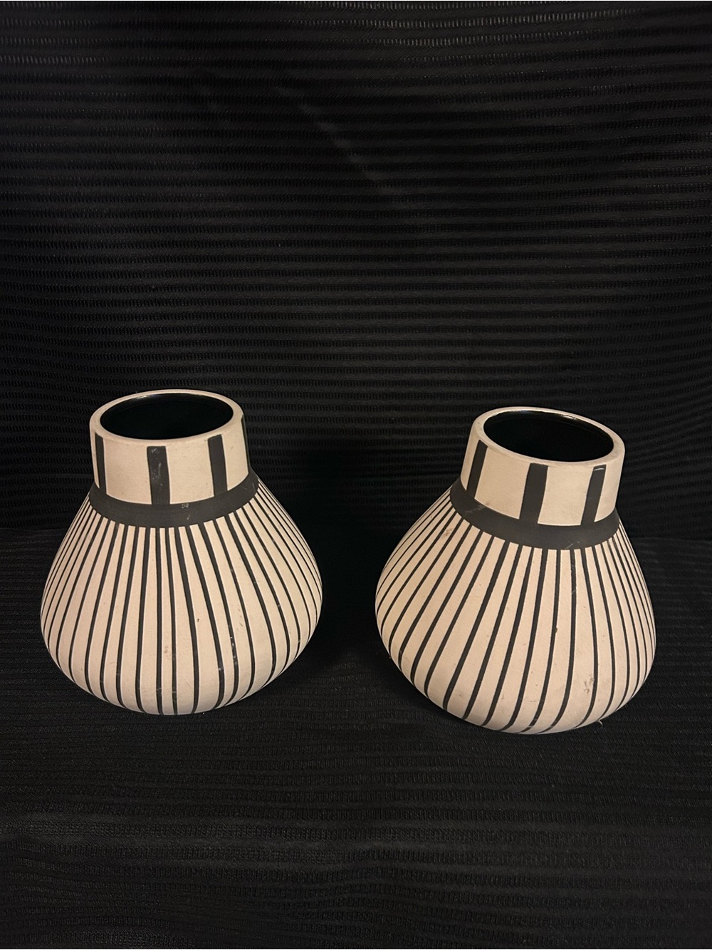 Pair of Striped Ceramic Accent Vases in Cream and Black